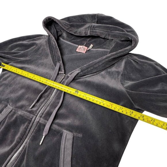 VTG Y2K Juicy Couture Velour Jacket Sz.L Gray Hooded Short Puff Sleeve - Picture 5 of 10